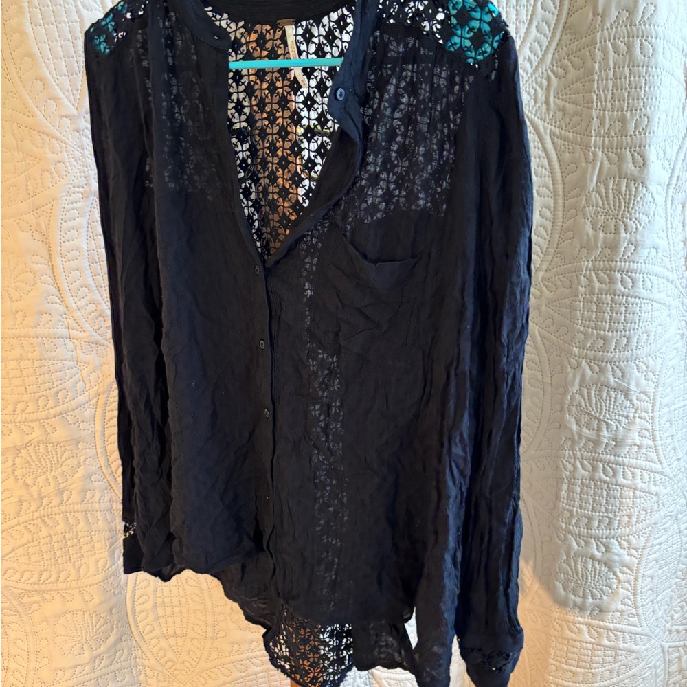Free People Black Asymmetrical Embellished Blouse